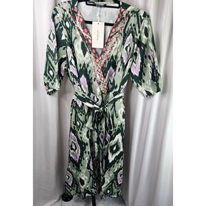 BLOOMCHIC abstract print 3/4 sleeve faux wrap dress tie waist size 14/16 boho‎